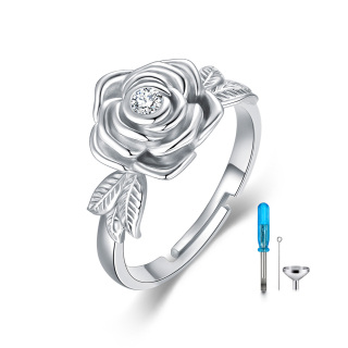 Sterling Silver Circular Shaped Cubic Zirconia Rose Urn Ring-4