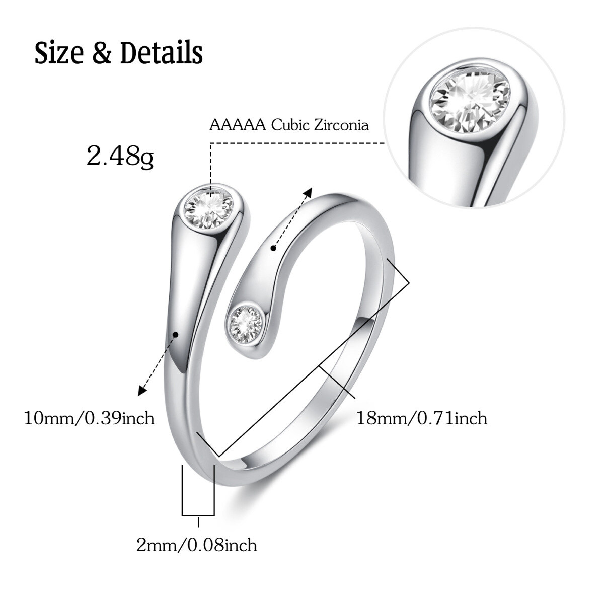 Bague ouverte en argent sterling avec zircon cubique de forme circulaire-4