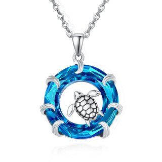 Sterling Silver Circular Shaped Sea Turtle Crystal Pendant Necklace-35