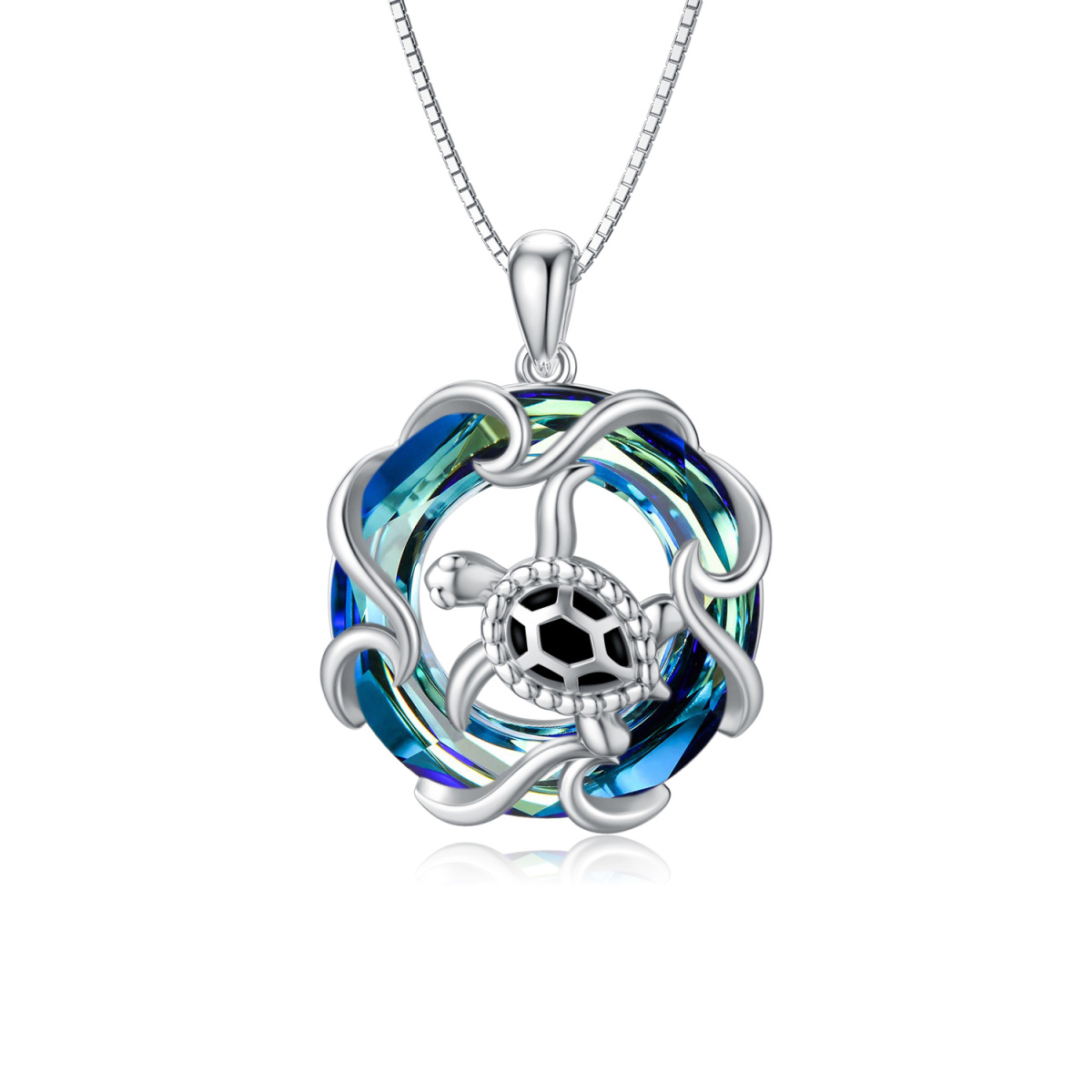 Sterling Silver Circular Shaped Sea Turtle Crystal Pendant Necklace-1