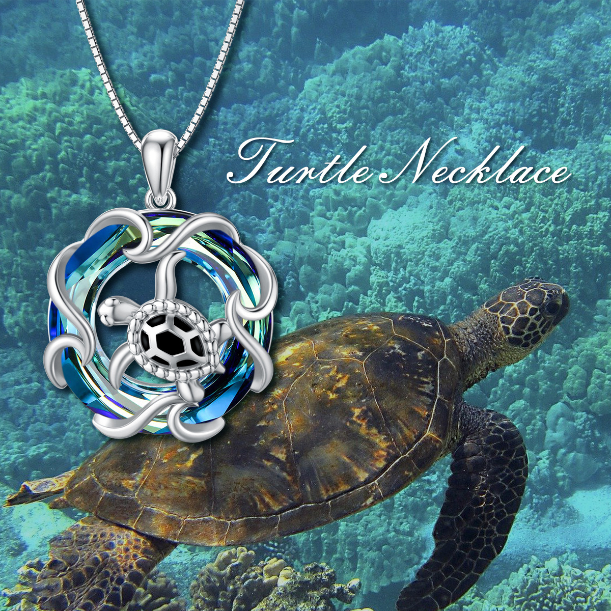 Sterling Silver Circular Shaped Sea Turtle Crystal Pendant Necklace-4