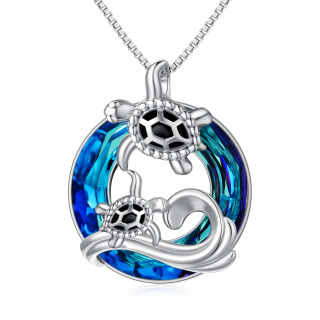 Sterling Silver Circular Shaped Sea Turtle Crystal Pendant Necklace-13