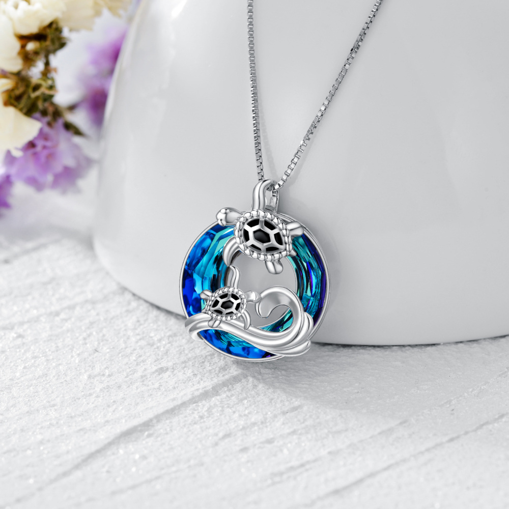 Sterling Silver Circular Shaped Sea Turtle Crystal Pendant Necklace-3