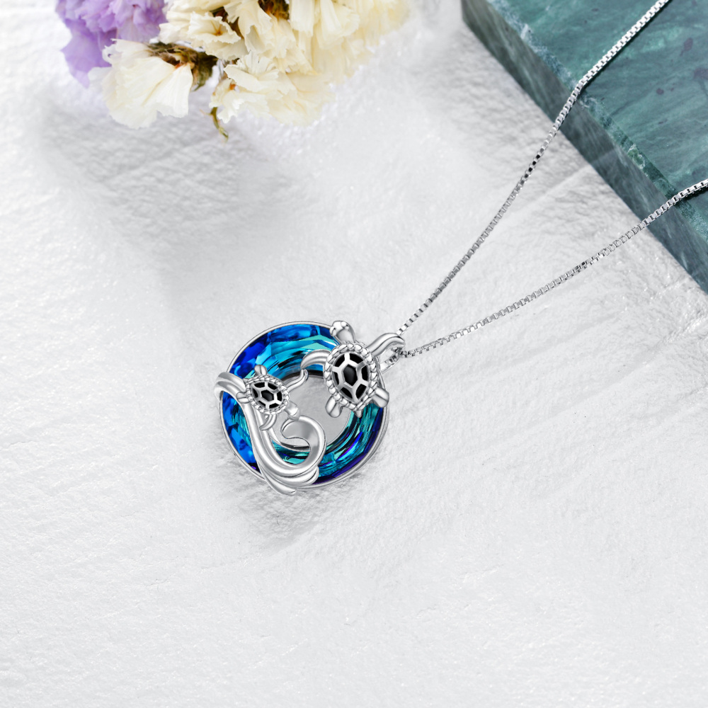 Sterling Silver Circular Shaped Sea Turtle Crystal Pendant Necklace-4