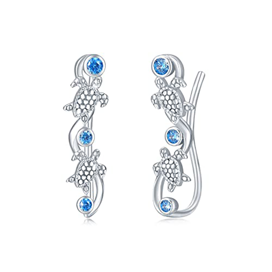 Sterling Silver Circular Shaped Cubic Zirconia Sea Turtle Cuff Earrings