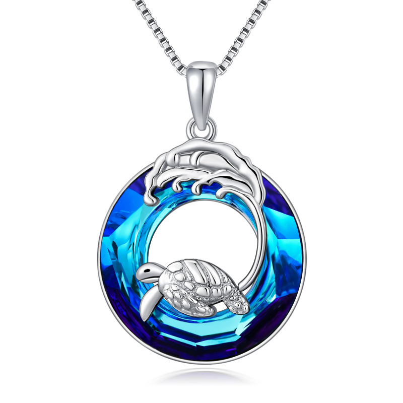Sterling Silver Circular Shaped Sea Turtle & Spray Crystal Pendant Necklace-14