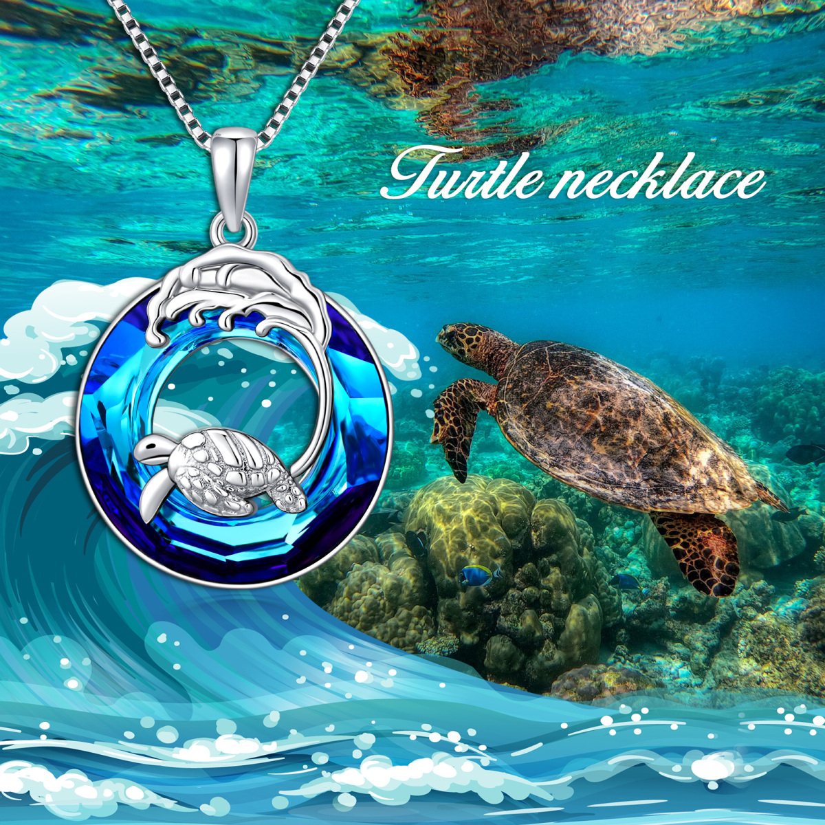 Sterling Silver Circular Shaped Sea Turtle & Spray Crystal Pendant Necklace-3