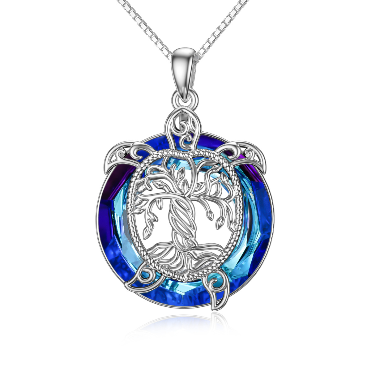 Sterling Silver Circular Shaped Sea Turtle & Tree Of Life Crystal Pendant Necklace-1