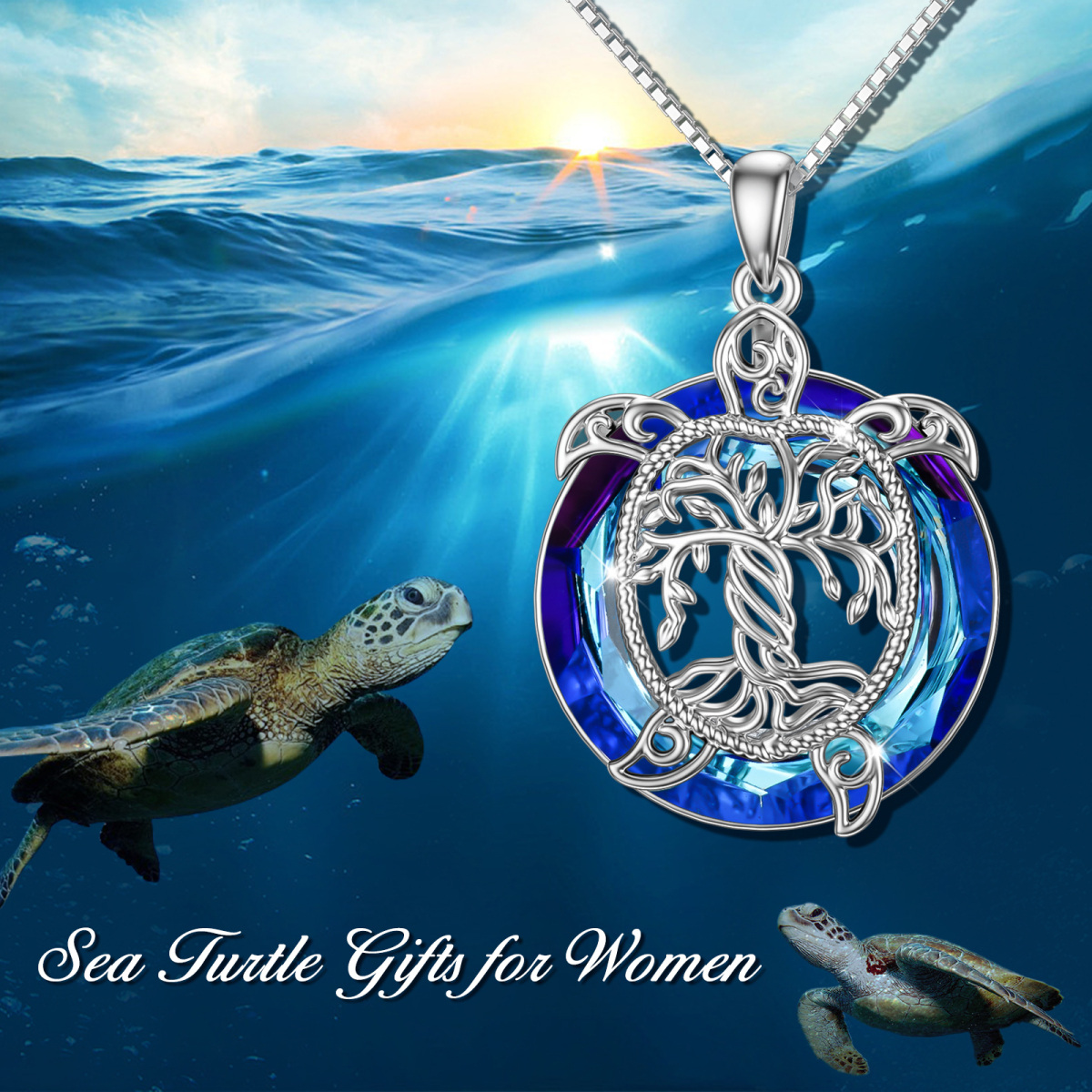 Sterling Silver Circular Shaped Sea Turtle & Tree Of Life Crystal Pendant Necklace-4