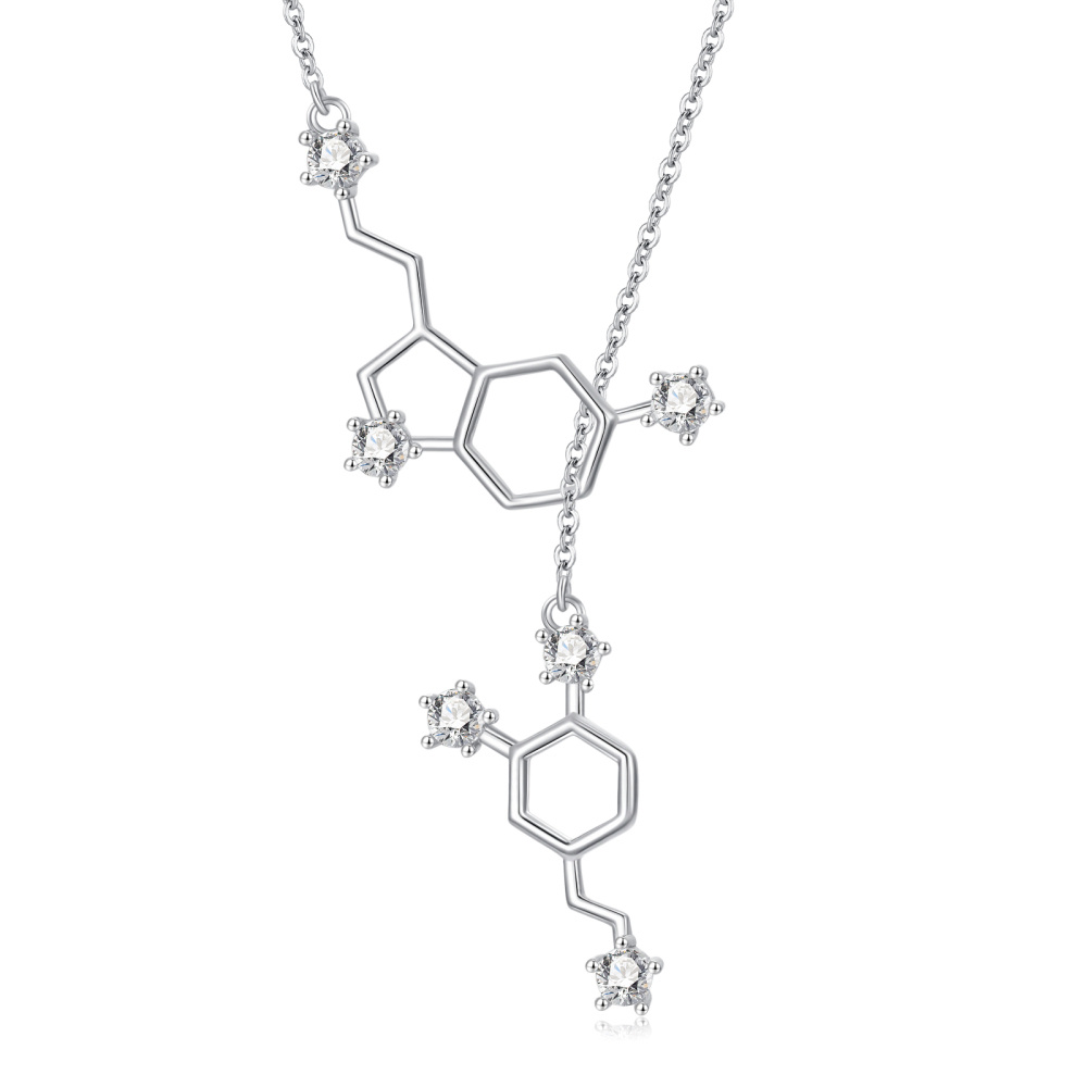 Colar em Y ajustável com molécula de serotonina de zircônia cúbica em formato circular de prata esterlina-1