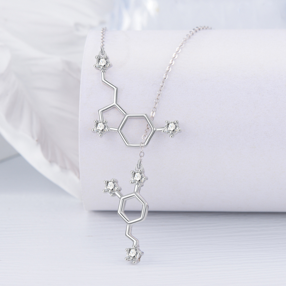 Colar em Y ajustável com molécula de serotonina de zircônia cúbica em formato circular de prata esterlina-4