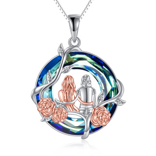 Sterling Silver Two-tone Tree Of Life Sisters Rose Blue Crystal Necklace for Women-1