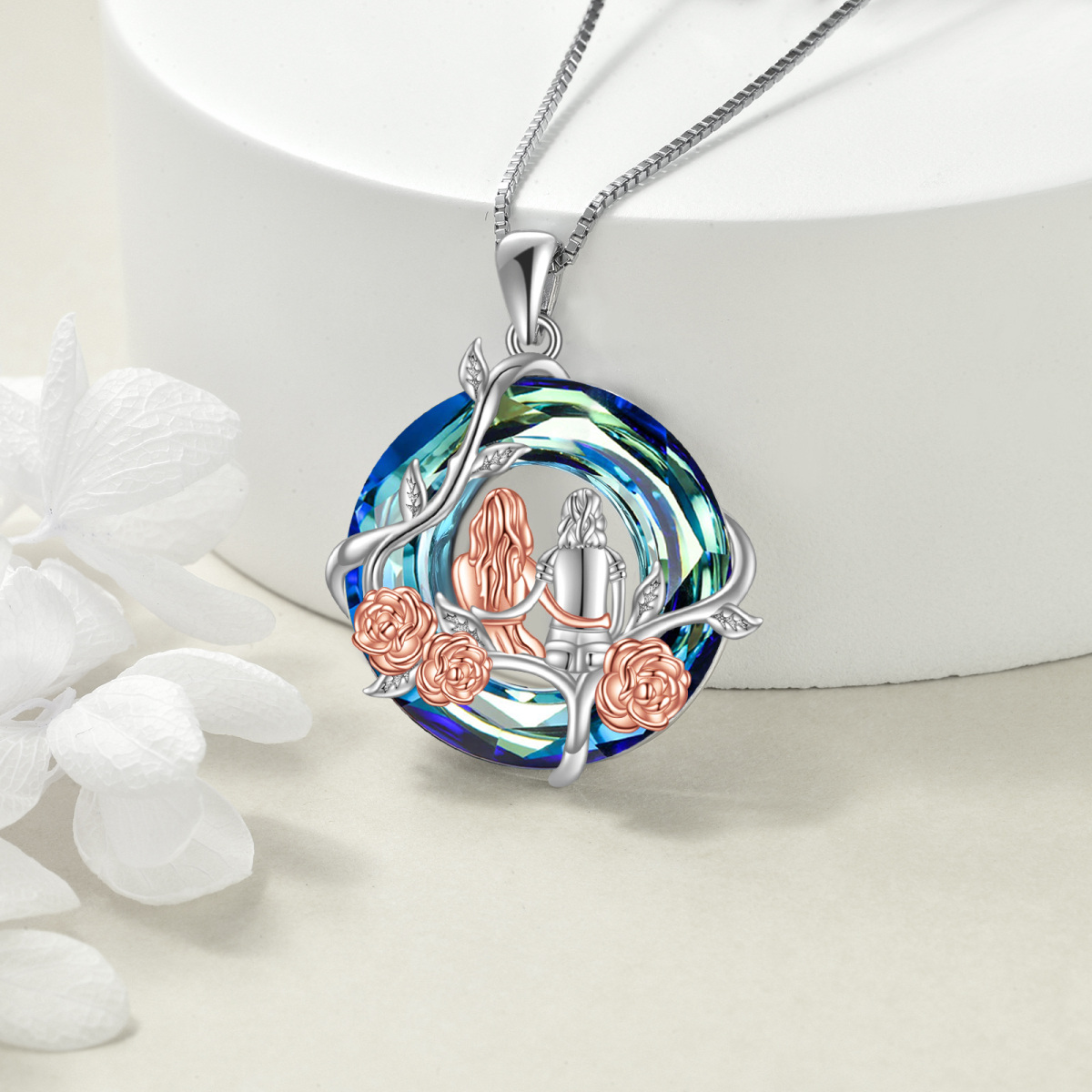 Sterling Silver Two-tone Tree Of Life Sisters Rose Blue Crystal Necklace for Women-4