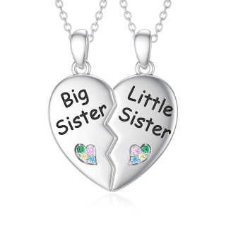 Sterling Silver Circular Shaped Sisters & Heart Pendant Necklace-31