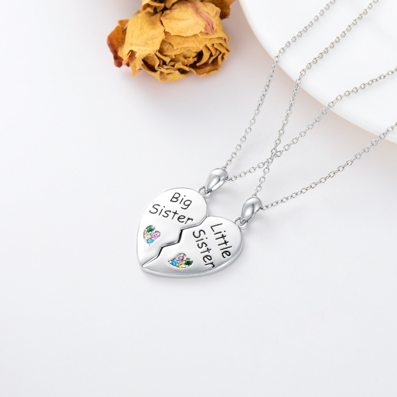 Sterling Silver Circular Shaped Sisters & Heart Pendant Necklace-2