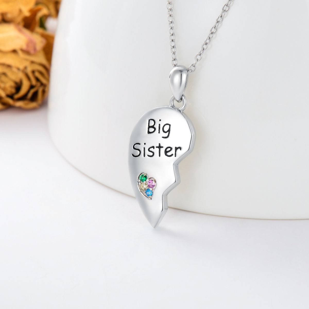 Sterling Silver Circular Shaped Sisters & Heart Pendant Necklace-3