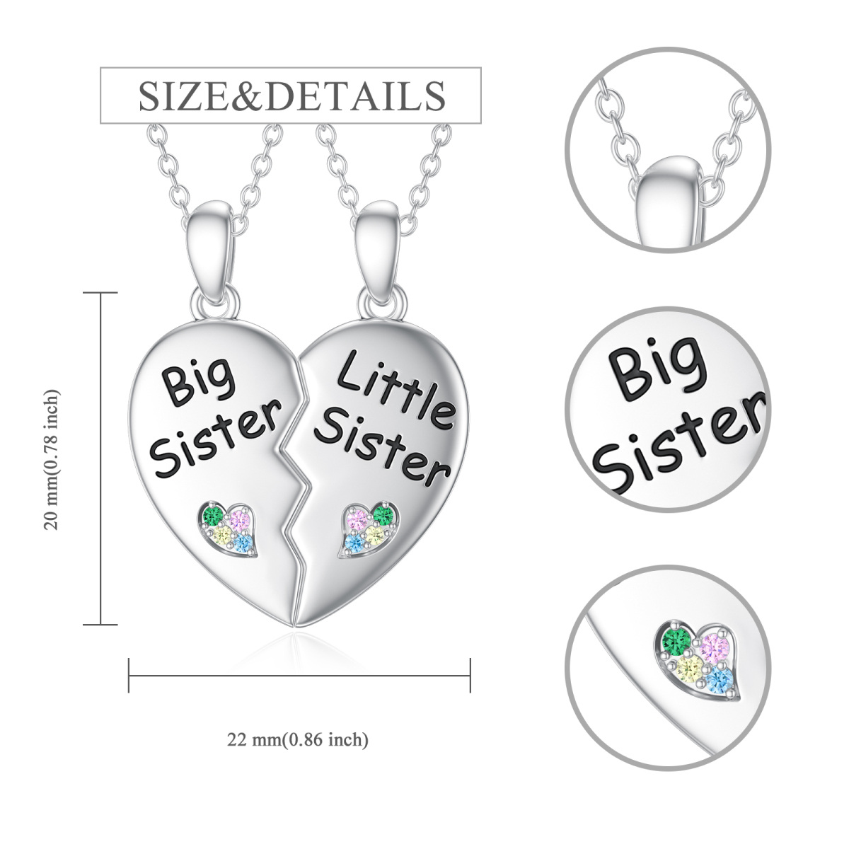 Sterling Silver Circular Shaped Sisters & Heart Pendant Necklace-5