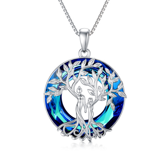 Sterling Silver Circular Shaped Sisters Tree Of Life Crystal Pendant Necklace