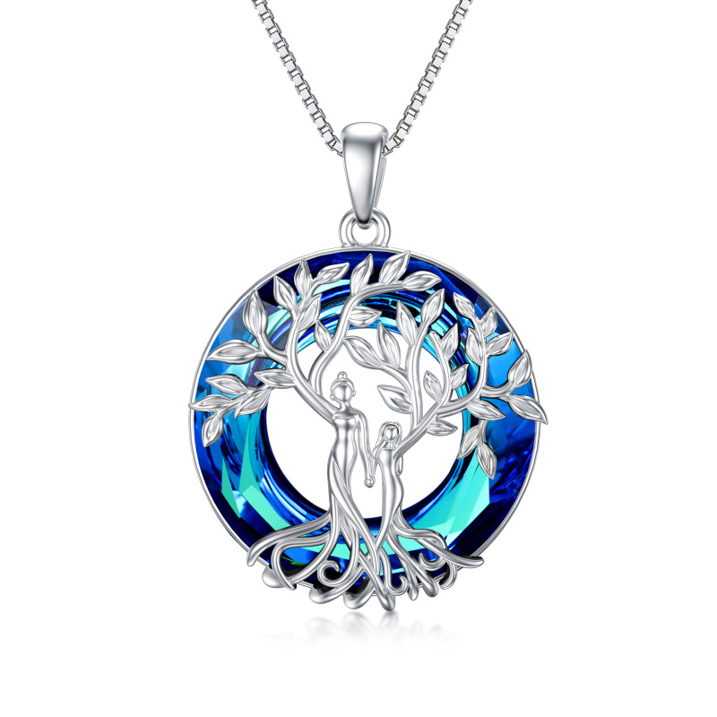 Sterling Silver Circular Shaped Sisters Tree Of Life Crystal Pendant Necklace-15