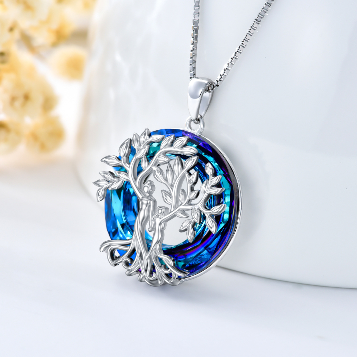 Sterling Silver Circular Shaped Sisters Tree Of Life Crystal Pendant Necklace-4