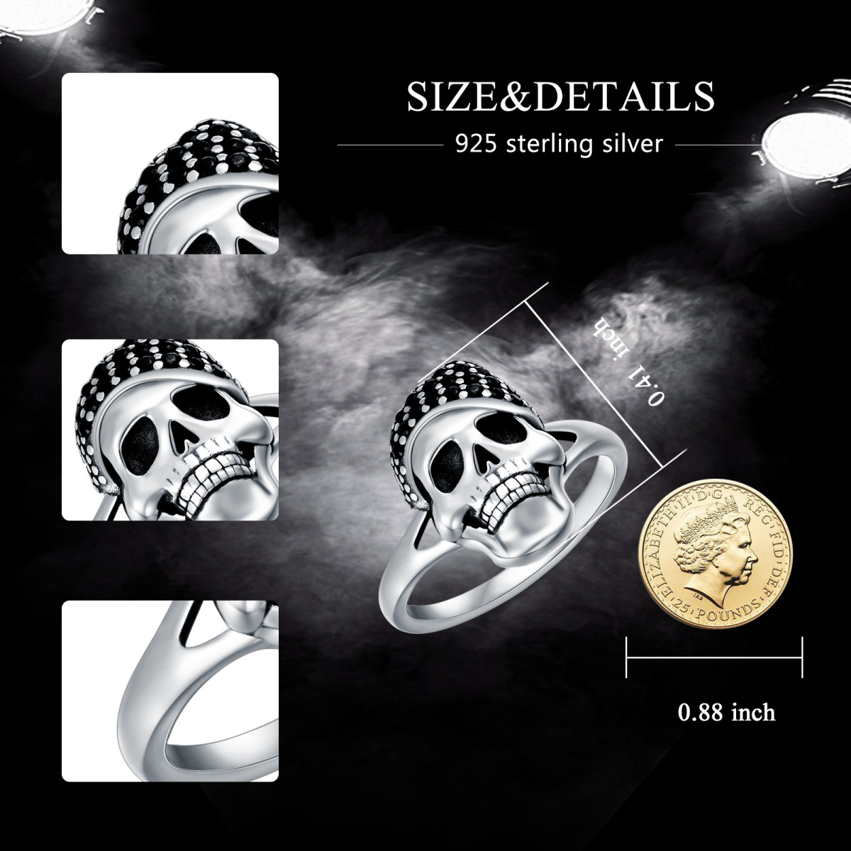 Sterling Silber kreisförmiger Totenkopf Ring-8