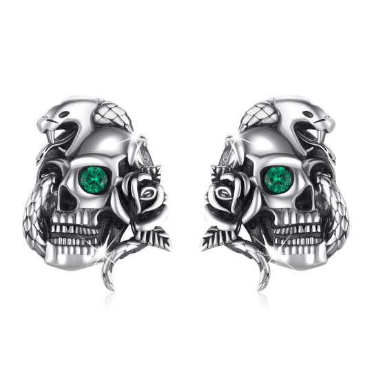 Sterling Silver Circular Shaped Cubic Zirconia Skull Stud Earrings