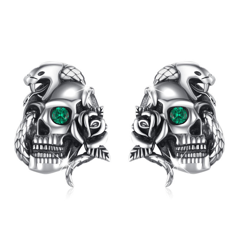 Sterling Silver Circular Shaped Cubic Zirconia Skull Stud Earrings