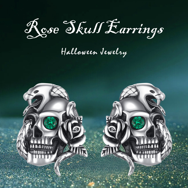 Boucles d'oreilles en argent sterling avec tête de mort en zircone cubique de forme circul-7