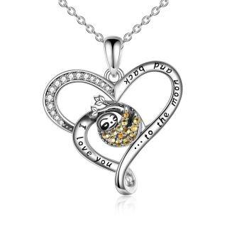 Sterling Silver Circular Shaped Cubic Zirconia Sloth & Heart Pendant Necklace with Engraved Word-40