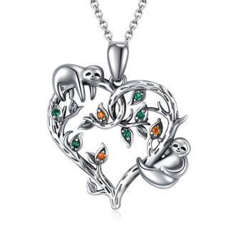 Sterling Silver Circular Shaped Cubic Zirconia Sloth & Tree Of Life Pendant Necklace-5