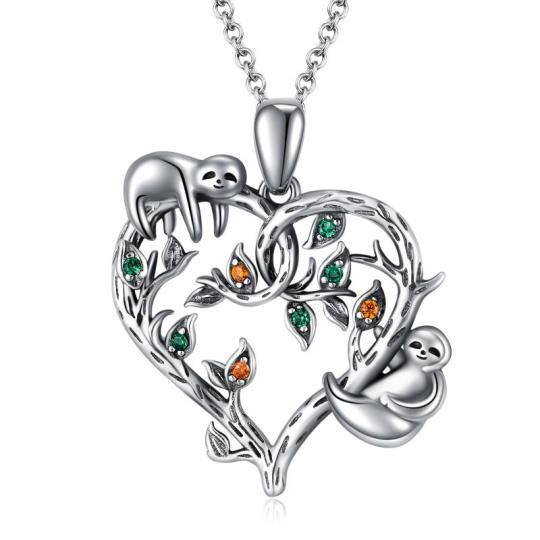 Sterling Silver Circular Shaped Cubic Zirconia Sloth & Tree Of Life Pendant Necklace