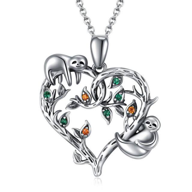 Sterling Silver Circular Shaped Cubic Zirconia Sloth & Tree Of Life Pendant Necklace-4