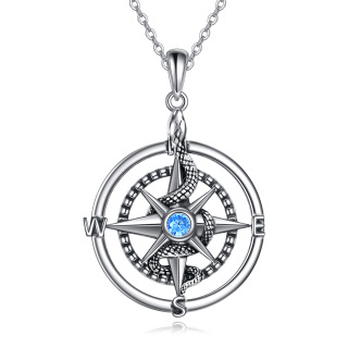 Sterling Silver Circular Shaped Cubic Zirconia Snake & Compass Pendant Necklace-35