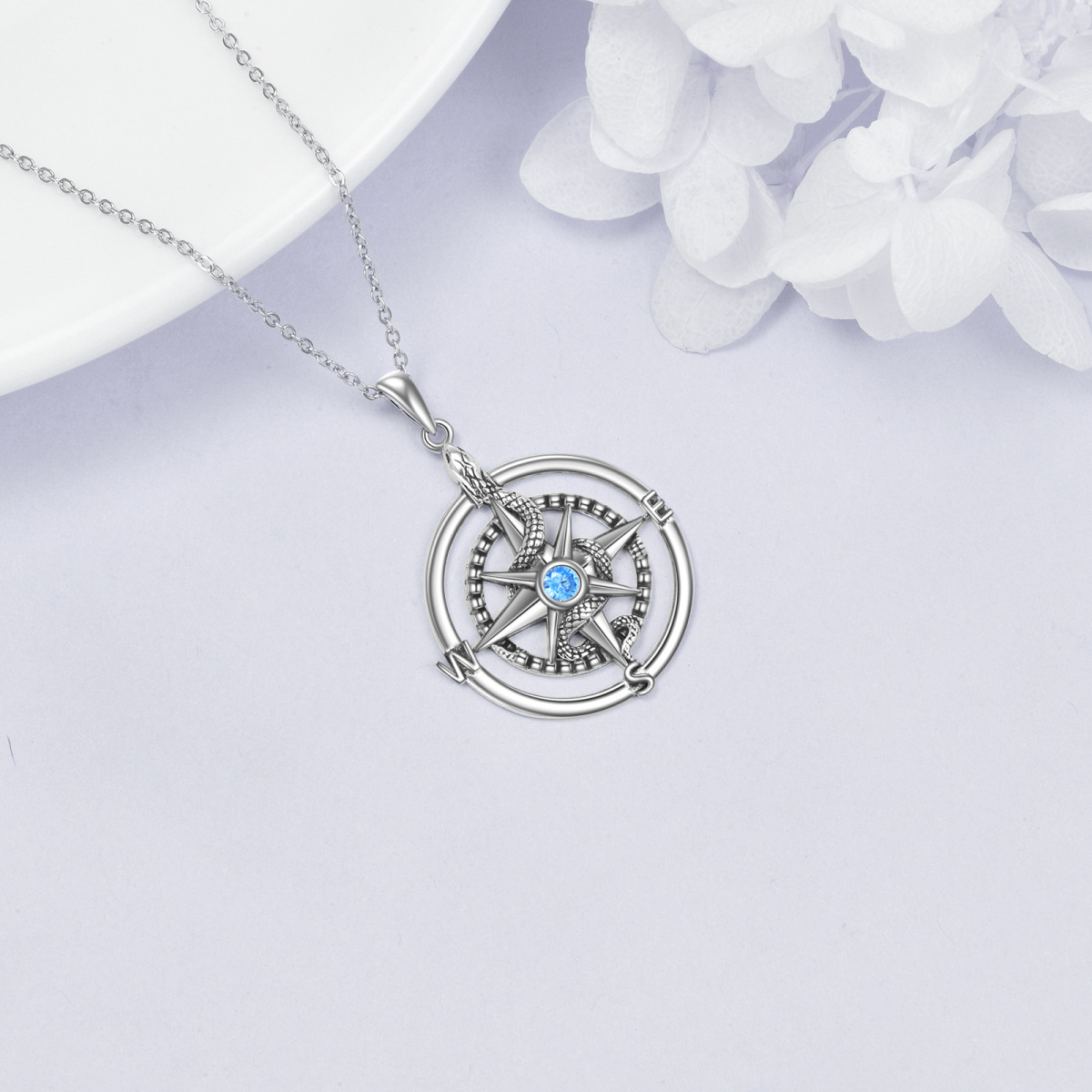 Sterling Silver Circular Shaped Cubic Zirconia Snake & Compass Pendant Necklace-4