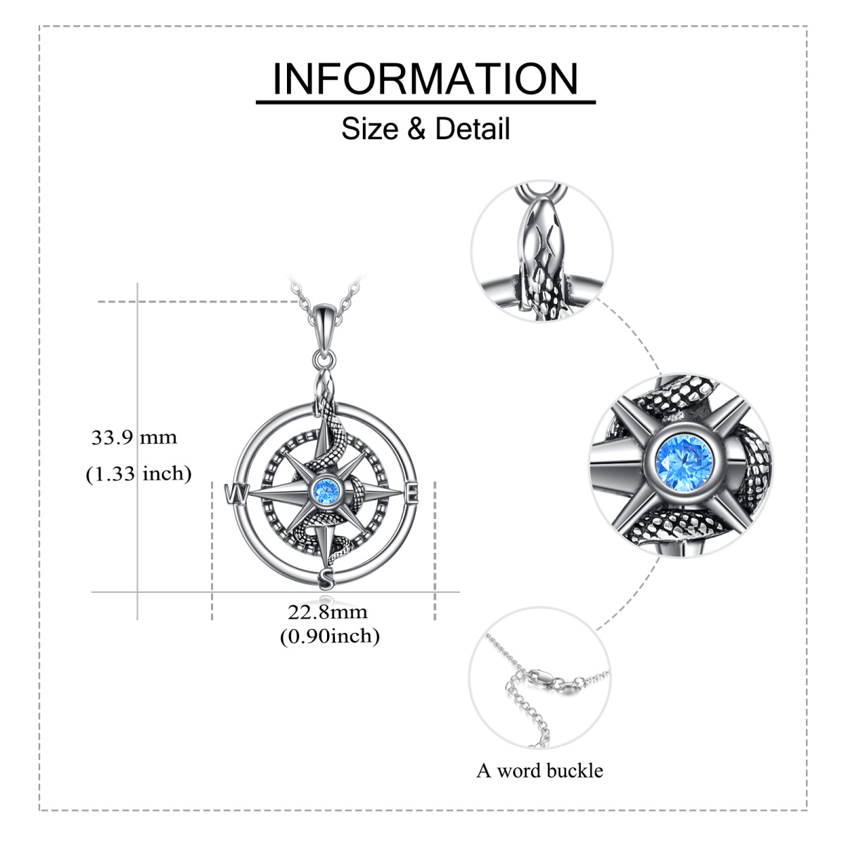 Sterling Silver Circular Shaped Cubic Zirconia Snake & Compass Pendant Necklace-5