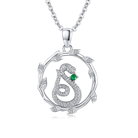 Sterling Silver Circular Shaped Cubic Zirconia Snake & Leaves Pendant Necklace-1