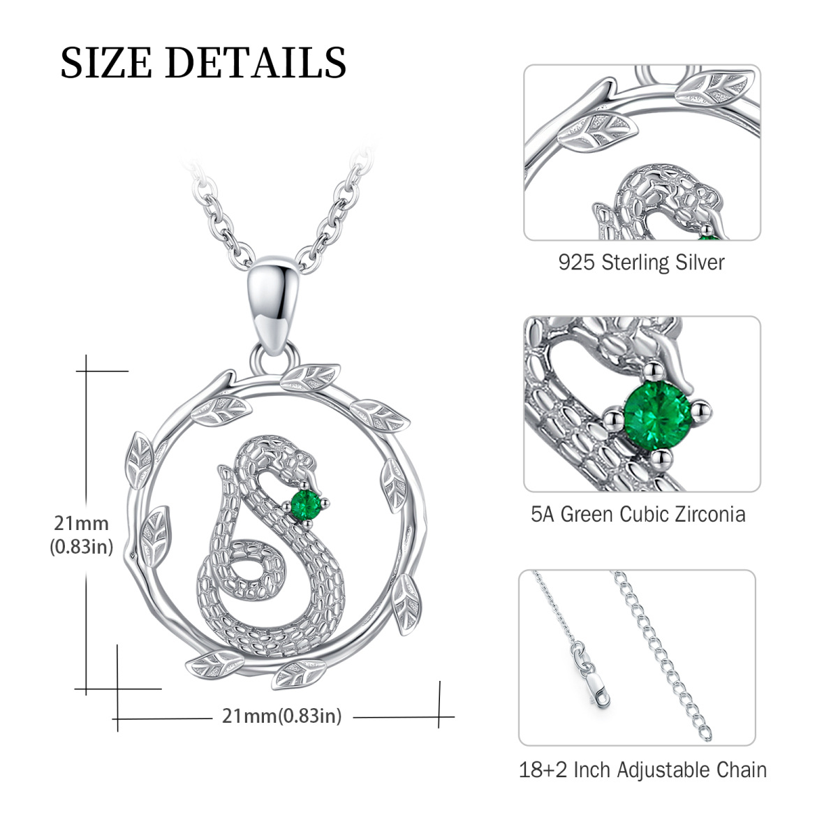 Collier en argent sterling avec pendentif serpent et feuilles en zircon cubique de forme c-5