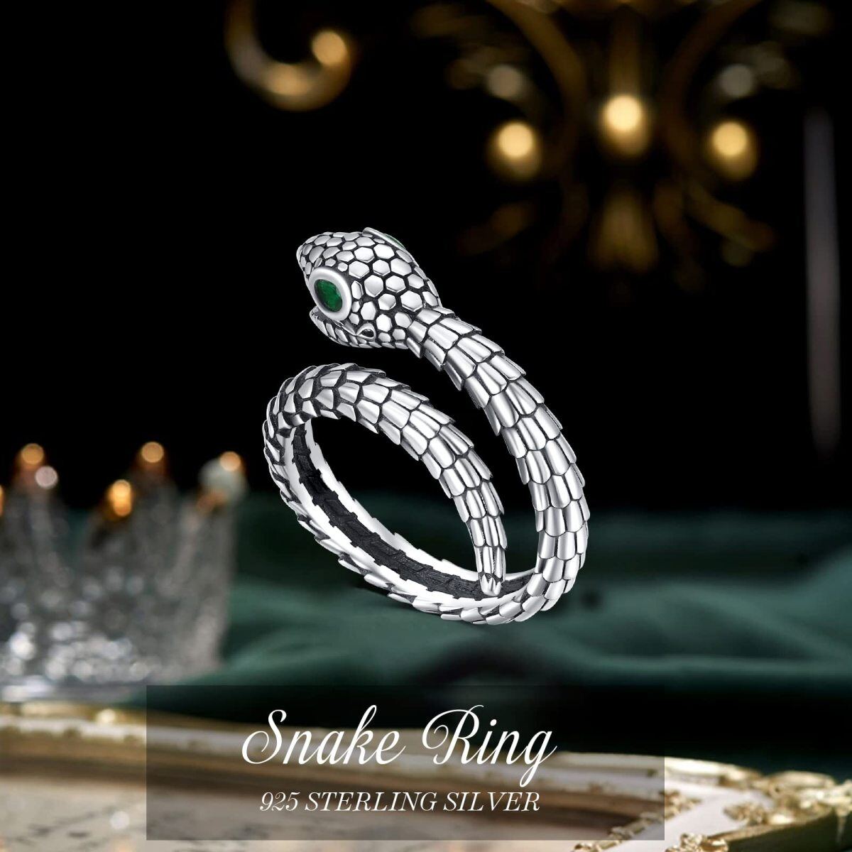 Sterling Silver Circular Shaped Cubic Zirconia Snake Open Ring-4