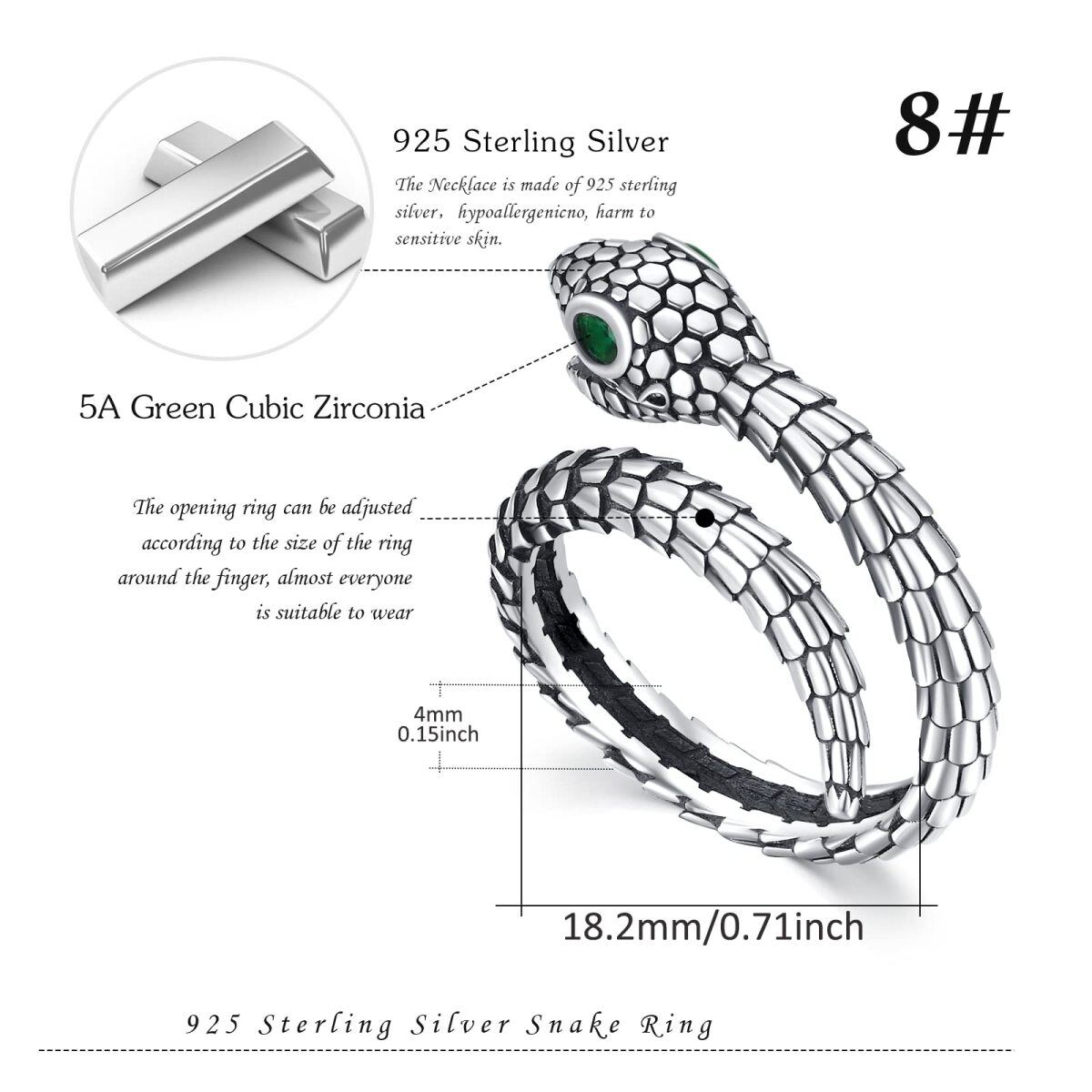 Sterling Silver Circular Shaped Cubic Zirconia Snake Open Ring-6