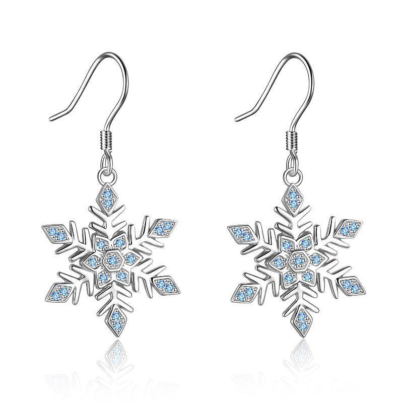 Sterling Silver Circular Shaped Cubic Zirconia Snowflake Drop Earrings