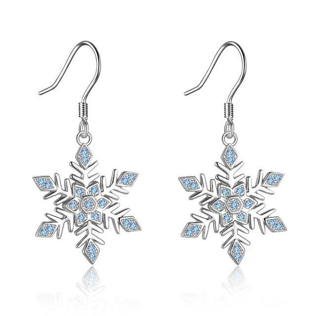 Sterling Silver Circular Shaped Cubic Zirconia Snowflake Drop Earrings-1