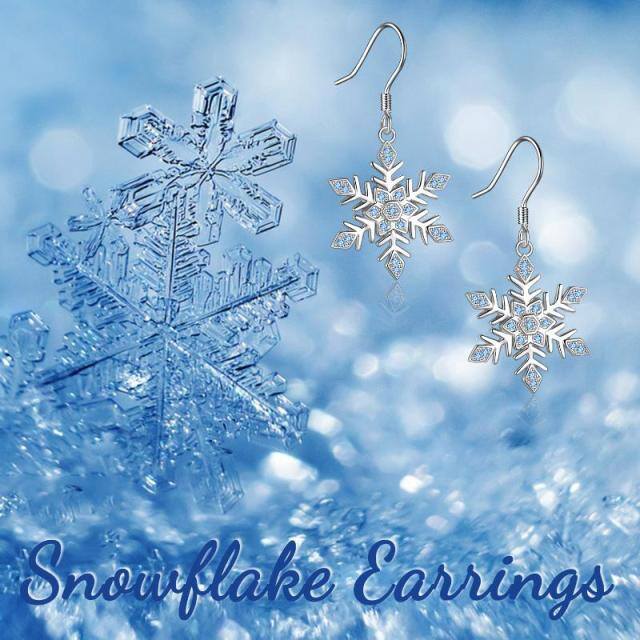 Sterling Silver Circular Shaped Cubic Zirconia Snowflake Drop Earrings-3