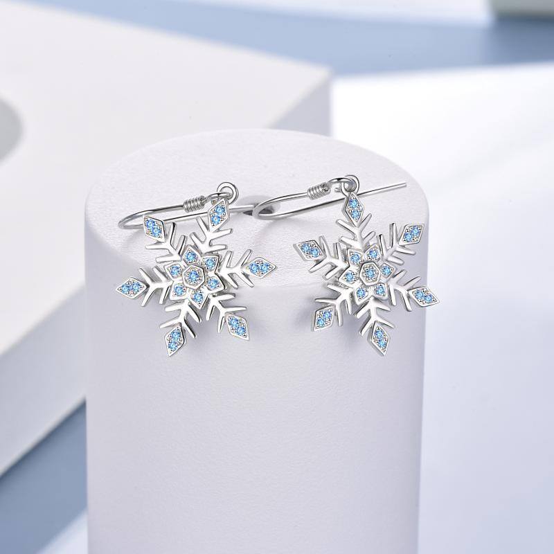 Sterling Silver Circular Shaped Cubic Zirconia Snowflake Drop Earrings-4