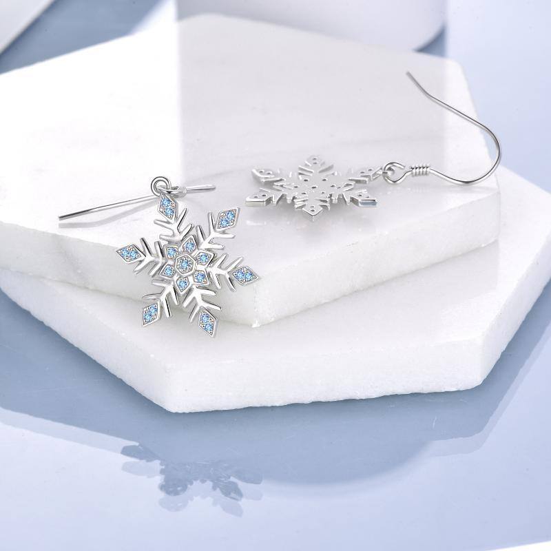 Sterling Silver Circular Shaped Cubic Zirconia Snowflake Drop Earrings-5