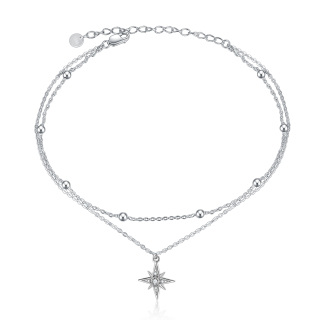 Sterling Silver Circular Shaped Cubic Zirconia Star Multi-layered Anklet-20