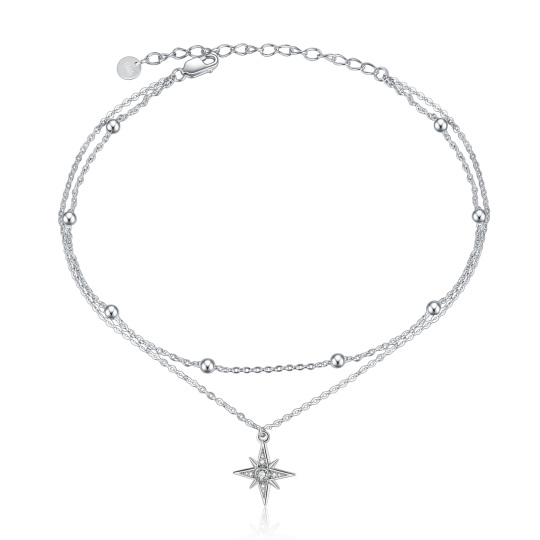 Sterling Silver Circular Shaped Cubic Zirconia Star Multi-layered Anklet