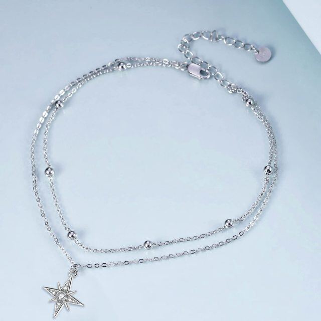 Sterling Silver Circular Shaped Cubic Zirconia Star Multi-layered Anklet-3