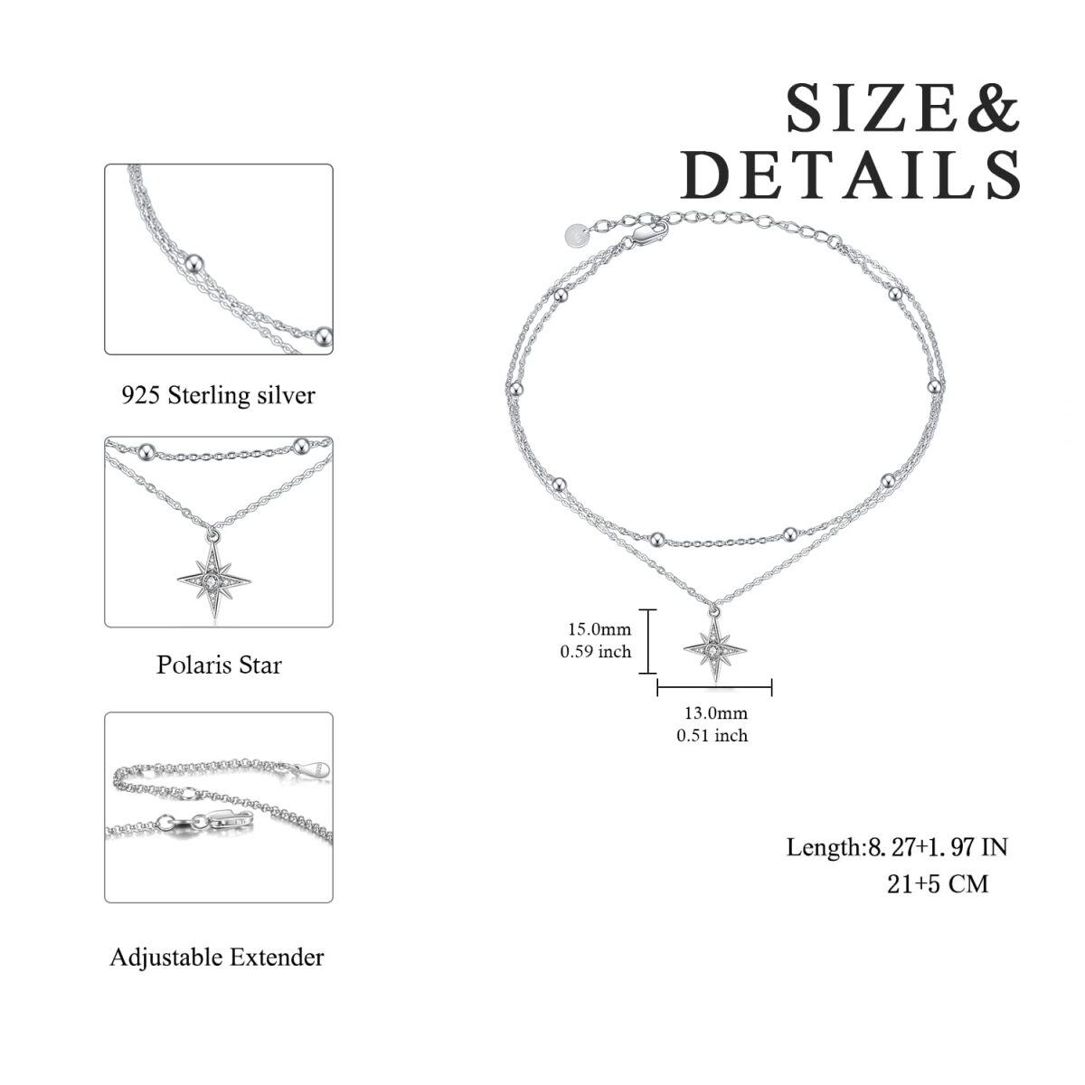 Tobillera de plata de ley con forma circular y estrella de circonitas cúbicas-4