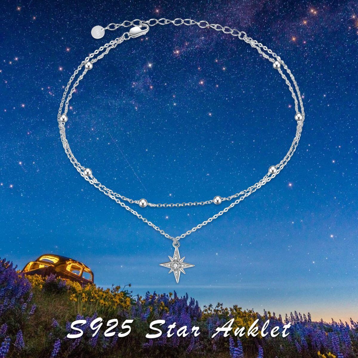 Sterling Silver Circular Shaped Cubic Zirconia Star Multi-layered Anklet-5