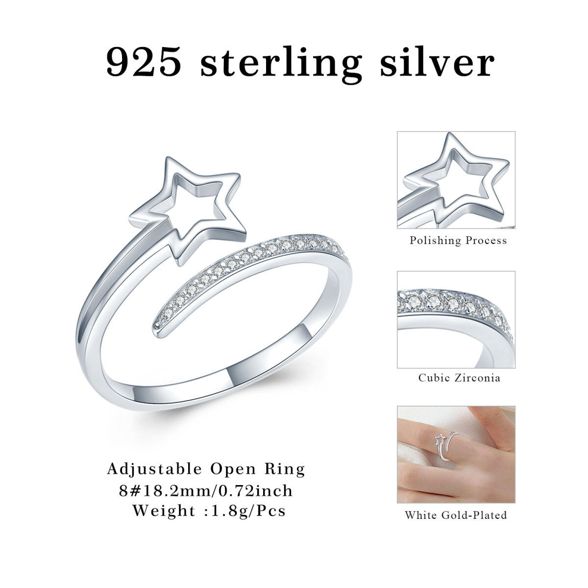 Sterling Silber kreisförmig Cubic Zirkonia Star Open Ring-7